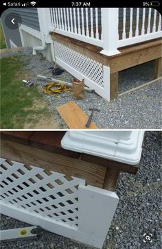 before and after shots of a porch with white railings, wood steps and trellis