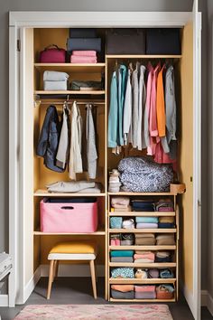 an organized closet with clothes, shoes and other items in it's storage area