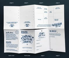 four fold up brochures with the words explore capture create written on them in blue ink