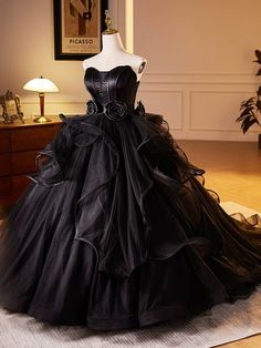 Gothic Black Tulle Ball Gown - Elegant Corset Back Wedding Dress with Floral Accents Plus Size