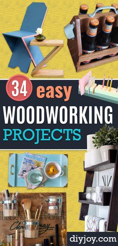 woodworking projects with text overlay that reads 34 easy woodworking projects