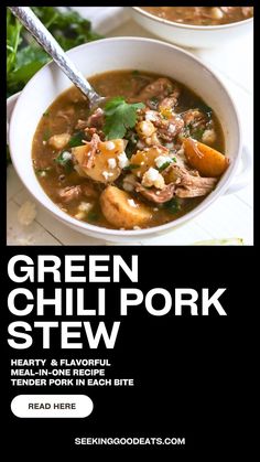 green chili pork stew in a white bowl with text overlay reading green chili pork stew healthy and flavorful meal for one bite