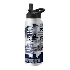 a water bottle with the words cowboys and it's slogan on it, in front of a white background