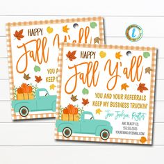 two fall sale flyers with an old truck and pumpkins on the back, one is blue