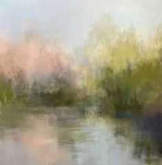 an abstract painting of trees and water in the foreground, with pastel colors