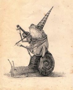 a drawing of a gnome riding a snail with a bow and arrow in his hand