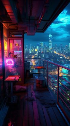 a balcony overlooking the city at night with neon lights