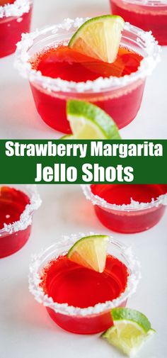 strawberry margarita jello shots with limes and garnishes in small glasses