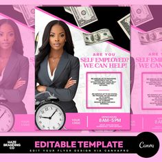 a pink and black flyer for a woman's business