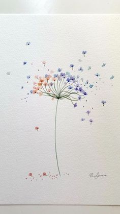 a watercolor painting of a dandelion with blue and pink flowers on it