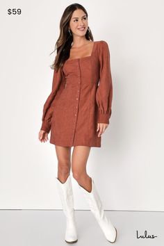 The Lulus Posh Promise Brown Corduroy Long Sleeve Button-Up Mini Dress has plenty of styling potential for a season full of perfect autumn ensembles! Sturdy corduroy shapes this retro-inspired dress that features a princess-seamed bodice, a trendy square neckline, and long, balloon-style sleeves with button cuffs. A functional button placket continues through the fitted waist and down the front of the figure-skimming, A-line mini skirt. Fit: This garment fits true to size. Length: Mid-thigh. Siz Retro Inspired Dress, Lulu Fashion, A Line Mini Skirt, Brown Corduroy, Corduroy Dress, Inspired Dress, Wedding Bridesmaids, Button Placket, Square Neckline