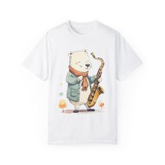 Music-themed White Short Sleeve Shirt, White Relaxed Fit Music-themed T-shirt, Music-themed Graphic Print Short Sleeve Shirt, Casual White T-shirt With Bear Print, Music-themed White Cotton T-shirt, Summer Bear Print Crew Neck T-shirt, White Crew Neck T-shirt With Bear Print, Affordable Casual T-shirt With Bear Design, Black Casual T-shirt With Bear Print