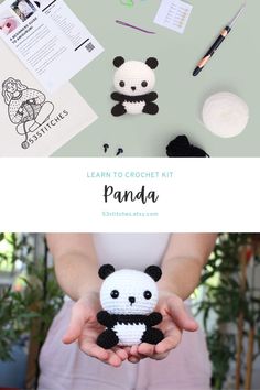 the panda crochet kit is in someone's hands and it has been made with