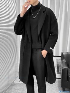 OrcaJump - Manteau dHiver en Laine Pacoat Double Breasted Regular Slim Fit Chaud Unie Automne à Manches Long Outfit Sketches, Long Coat Men, Black Outfit Men, Boyfriend Outfit, Men's Trench Coat, Trendy Boy Outfits, Future Style, Elegant Man