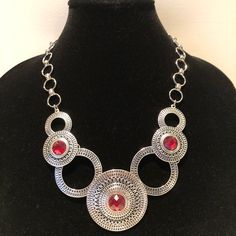 This Striking Tibetan Statement Necklace Will Become The Focal Point Of An Outfit. It’s Shape Allows It To Lay Flat On The Chest. Silver And Black Disc With Red Centers For The Perfect Pop Of Color. Length - 20” Plus 3” Extender Largest Disc Is 2” In Diameter Chunky Chain Silver-Tone Lobster Clasp Ia-Apr21-T (Ns10) Womens Jewelry Necklace, Silver Chain, Silver Tone, Color Pop, Statement Necklace, Jewelry Necklaces, Women Jewelry, Chain, Red