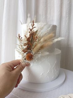 a hand is holding a flower on top of a white frosted cake with feathers