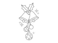 a line drawing of a christmas bell with holly leaves and balls hanging from it's side