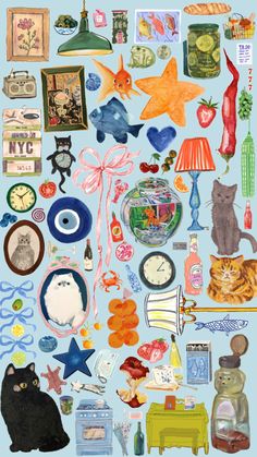 a collage of various items on a blue background, including cats and other things