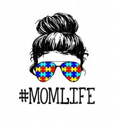 a woman wearing sunglasses with the word momlife on it's face and puzzle pieces in