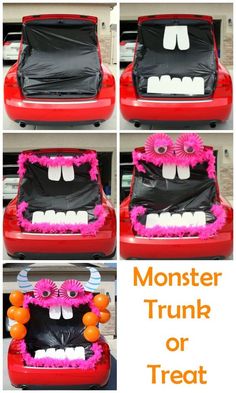 the monster trunk is decorated with pink flowers and orange balloons in it's mouth