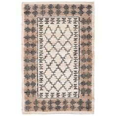 an old rug with black and white designs on it, in the shape of a rectangle