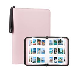 an open pink book with photos on it