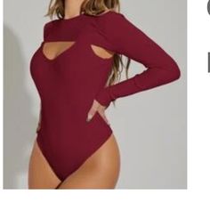 Maroon Bodysuit Never Worn Cutout Long Sleeve Stretch Bodysuit, Stretch Long Sleeve Cutout Bodysuit, Stretch Cutout Long Sleeve Bodysuit, Casual Stretch Bodysuit With Cutout, Casual Red Bodysuit For Fall, Red Long Sleeve Bodysuit For Night Out, Red Bodysuit For Fall Party, Trendy Red Long Sleeve Bodysuit, Red Long Sleeve Bodysuit For Spring