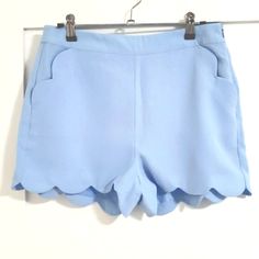 Light/Sky/Hydrangea Blue Two Side Pockets Side Zipper Waist 15 1/2" When Laid Flat Length: 13 1/2" Chic Light Blue Beach Bottoms, Light Blue Shorts With Pockets For Spring, Blue Spring Shorts, Chic Light Blue Summer Bottoms, Fitted Blue Shorts For Summer, Blue Summer Shorts With Pockets, Blue Shorts With Pockets For Summer, Chic Light Blue Bottoms For Vacation, Light Blue Fitted Shorts For Spring