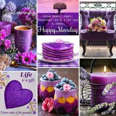 a collage of purple images with flowers, candles and hearts on them that say happy monday