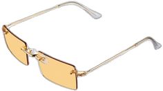 Spring Rimless Sunglasses With Mirrored Lenses, Spring Mirrored Rimless Sunglasses, Yellow Cat Eye Sunglasses For Spring, Trendy Orange Glass Sunglasses, Trendy Yellow Sunglasses With Mirrored Lenses, Chic Yellow Sunglasses For Summer, Vintage Square Frame Sunglasses For Spring, Trendy Orange Square Frame Sunglasses, Trendy Orange Sunglasses For Spring