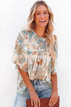 Multicolor Paisley Print Wide Sleeves Loose Blouse Paisley Print Design, Paisley Print Blouse, Flowy Sleeves, Floral Pants, Loose Blouse, Wide Sleeves, Stay Cool, Different Fabrics, Printed Blouse