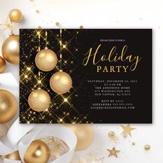 a black and gold holiday party card with golden baubles on it, surrounded by confetti