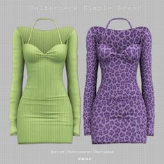 two dresses with long sleeves, one in green and the other in purple leopard print