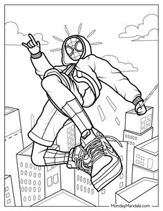 spiderman flying over the city with his hands in the air coloring pages for kids