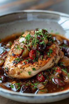 a close up of a plate of food with meat and olives on it's side