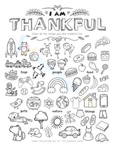 a coloring page with the words, i am grateful and other things to be colored in