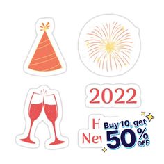 new year stickers with fireworks, champagne glasses and party hats on white background for sale