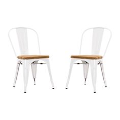 two white chairs with wooden seat covers on each side and one has a wood seat