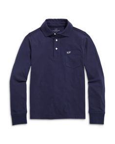 Vineyard Vines Boys' Long Sleeved Jersey Polo - Little Kid, Big Kid Navy Marine Style Cotton Top, Navy Cotton Marine Style Tops, Nautical Cotton Tops For Fall, Navy Long Sleeve Marine Top, Marine Style Long Sleeve Cotton Tops, Navy Cotton Nautical Tops, Navy Casual Tops For School, Preppy Navy Cotton Top, Vineyard Vines Boys