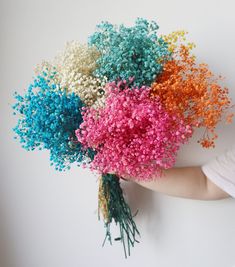 a person holding a bunch of colorful flowers