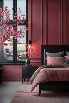 a bedroom with red walls and pink bedding in front of a large window that looks out onto the city