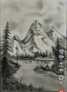 a pencil drawing of a mountain lake and trees