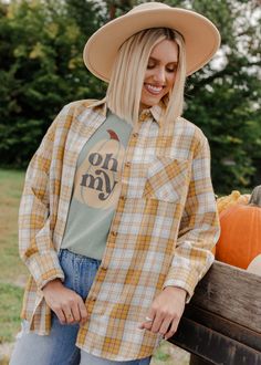 "The Seyfried" Plaid Button-Up - Mustard – Adorabelles Sage Purple, Mustard Yellow, Front Pocket, Yellow White, Mustard, Button Up Shirts, Button Up