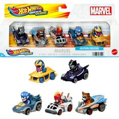 three toy vehicles are shown in the package