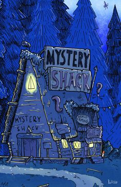 a cartoon drawing of a mystery shack in the woods at night with lights on it