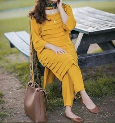 Mustard Colored Dress, Mustard Yellow Dress, Pakistani Fashion Casual, Stylish Short Dresses, Pakistani Dresses Casual, Pakistani Fashion Party Wear, Salwar Kamiz, Casual Wear Dress, Sleeves Designs For Dresses