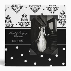 a black and white photo with polka dots on the border is featured in this wedding card