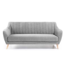 a gray couch with wooden legs on a white background