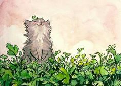 a drawing of a cat sitting in the middle of some plants and looking up into the sky