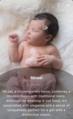 a baby laying on top of a white blanket next to a text box that reads miral